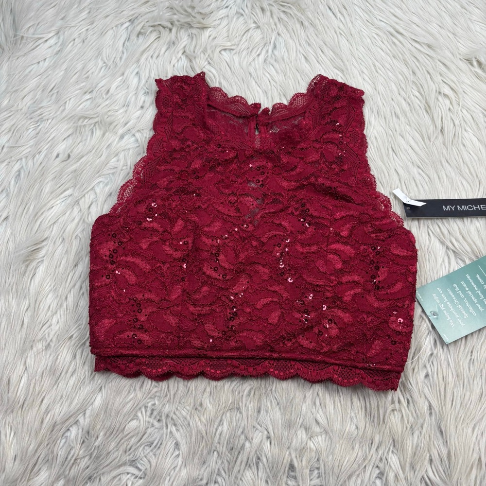 NWT My Michelle Women's Junior's 3 Red Floral Lace Sequin Crop Top Romantic